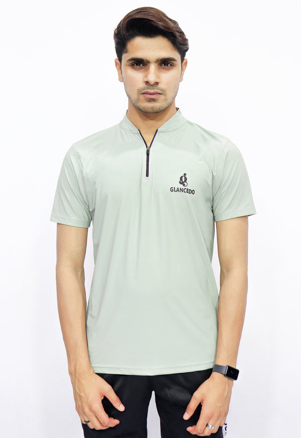 Glancedo Grey Quarter-Zip Athletic Polo Quick-Dry