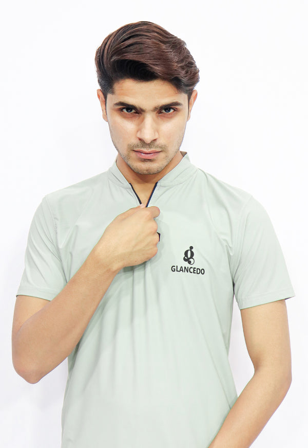 Glancedo Grey Quarter-Zip Athletic Polo Quick-Dry